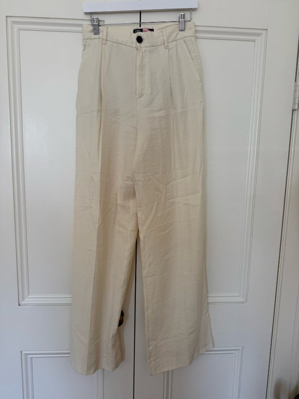 Zara High Waisted Wide Leg Pleated Trousers Cream Ecru Linen Look M